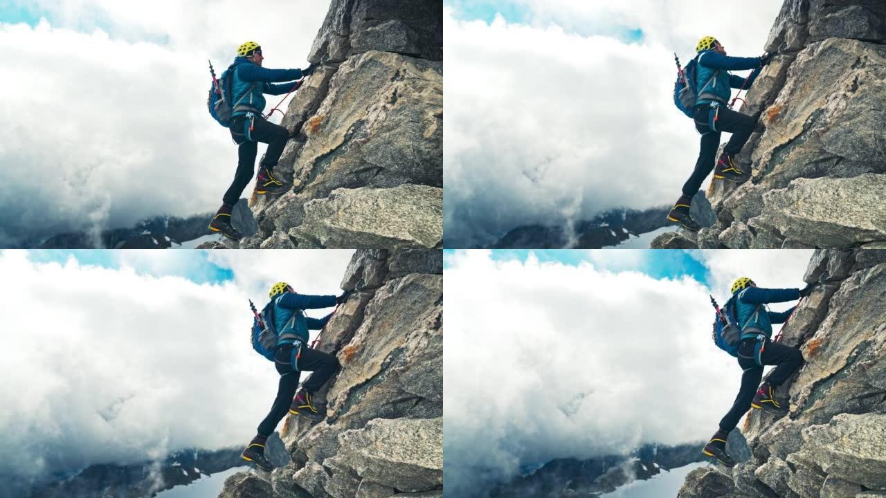 专业登山者在欧洲阿尔卑斯山攀登尖峰。用绳子。鸟瞰图