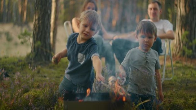 两个男孩坐在火炉旁，靠在湖岸树林里的帐篷上，炸了棉花糖。兄弟3-6年一起燃烧火棍