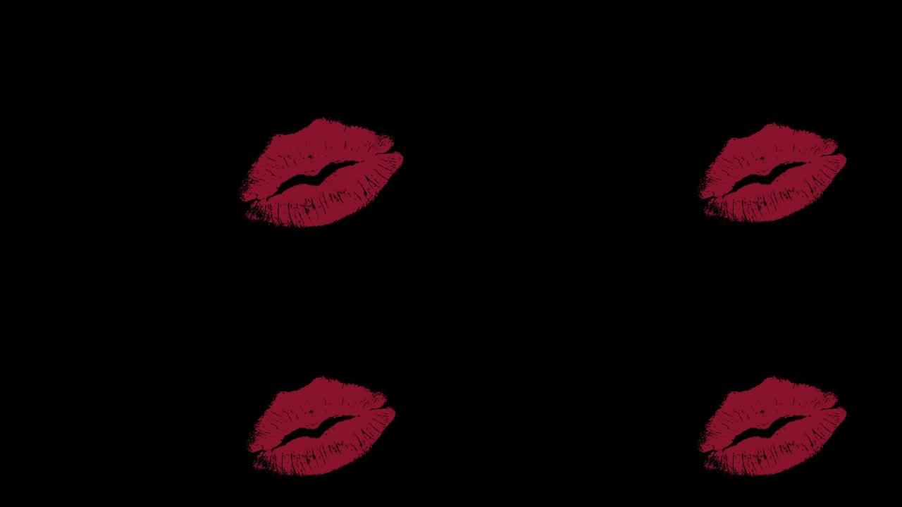 吻的印记出现在透明的背景上。红色唇膏唇印。高质量4k镜头