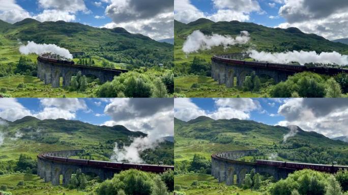 古老的历史蒸汽火车骑在高架桥上。