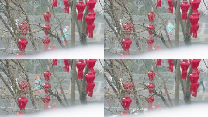 雪天的中国传统红灯笼