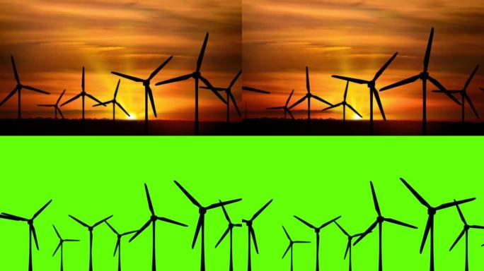 节能世界风力涡轮机的4k鸟瞰图。日落时的空中拍摄。
