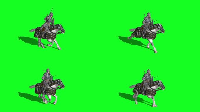 中世纪骑士骑马，用剑和盾牌打架-绿色屏幕上的动画