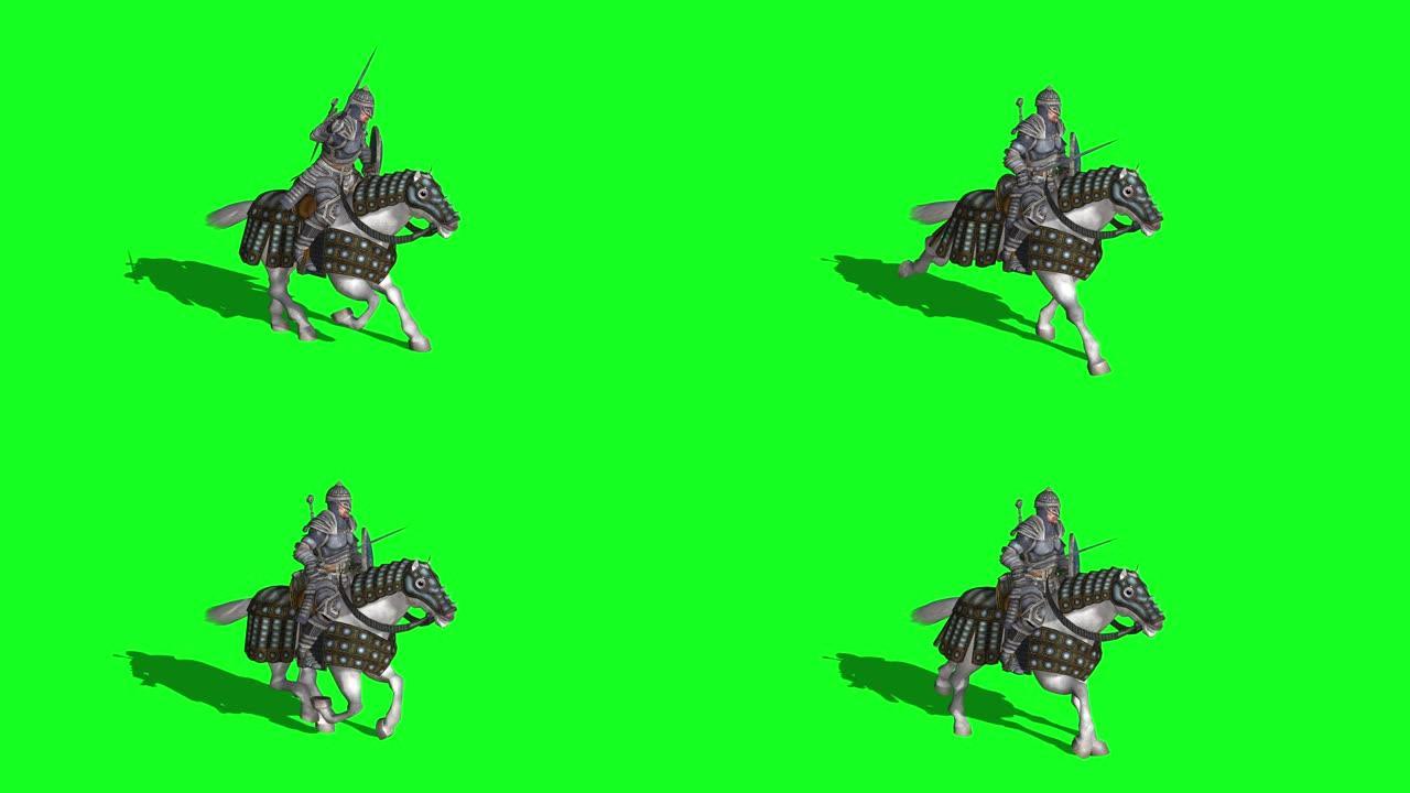 中世纪骑士骑马，用剑和盾牌打架-绿色屏幕上的动画