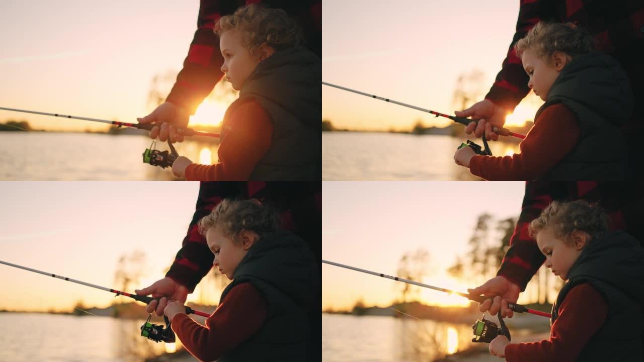 小男孩在大自然中与爸爸或爷爷共度周末，孩子在钓竿钓鱼