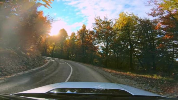 LD沿着秋天的森林在阳光明媚的道路上驾驶汽车
