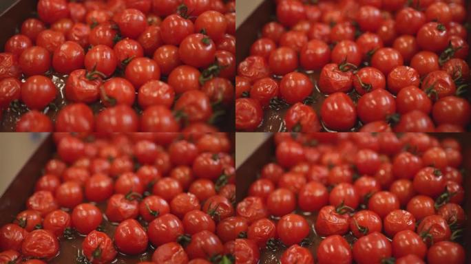 在锅中拍摄樱桃番茄的细节照片