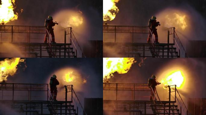 慢动作消防队员队训练消防队员处理管道泄漏的气体