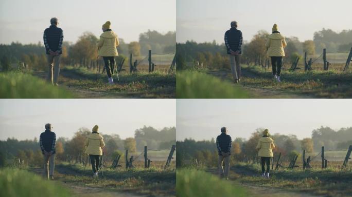 散步的老年夫妇。北欧一起散步