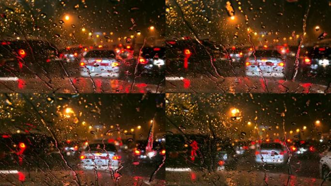 极端天气城市街道，大雨和交通堵塞。