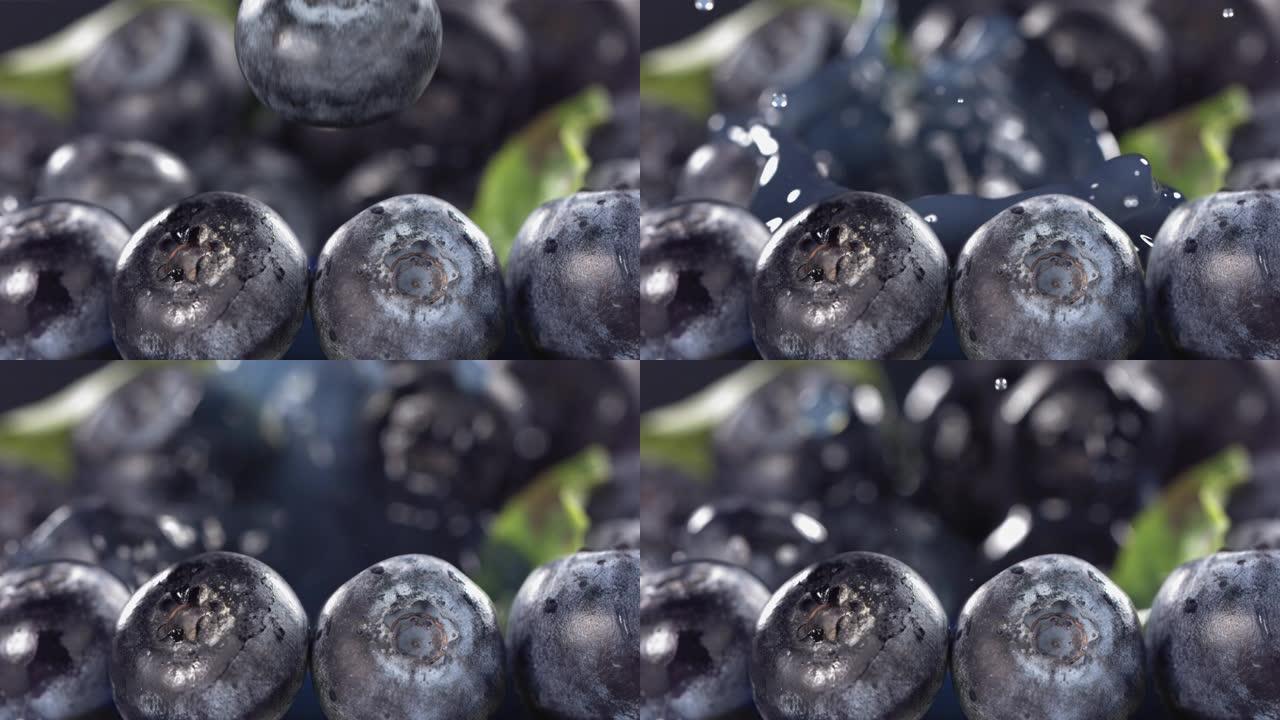 蓝莓在果汁中掉落，蓝莓之间飞溅。1000 fps的慢动作