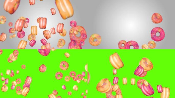 4K 3D甜甜圈落在绿色屏幕上，阿尔法哑光循环背景。