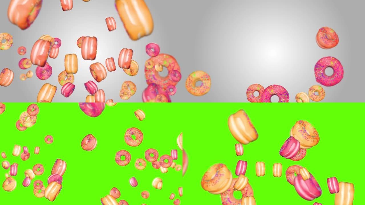 4K 3D甜甜圈落在绿色屏幕上，阿尔法哑光循环背景。