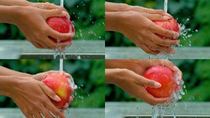 SLO MO LD女人在外面的水槽里洗苹果