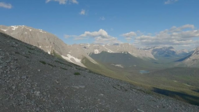 女性徒步旅行者和宠物狗接近山顶