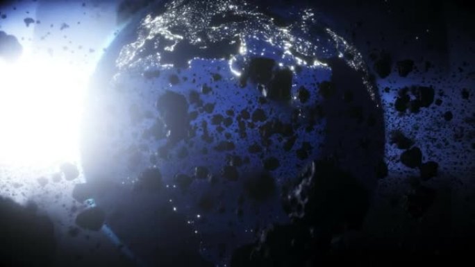 外层空间的小行星。地球行星。逼真的4k动画。