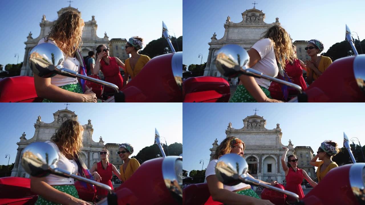 老式滑板车骑行: 罗马市中心骑摩托车的女朋友