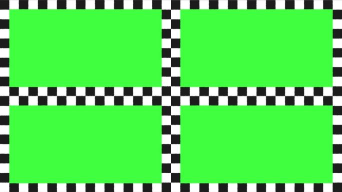 在绿色屏幕上移动黑白跳棋帧边缘，4k视频动画。无缝循环。