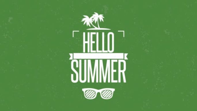 你好夏天，太阳镜和手掌在绿色垃圾纹理上