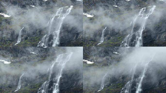 挪威美丽的自然。挪威山区冰川高处的山瀑布。