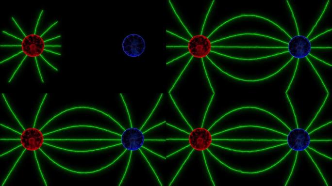 具有从正电荷到负电荷的张力线的电场动画