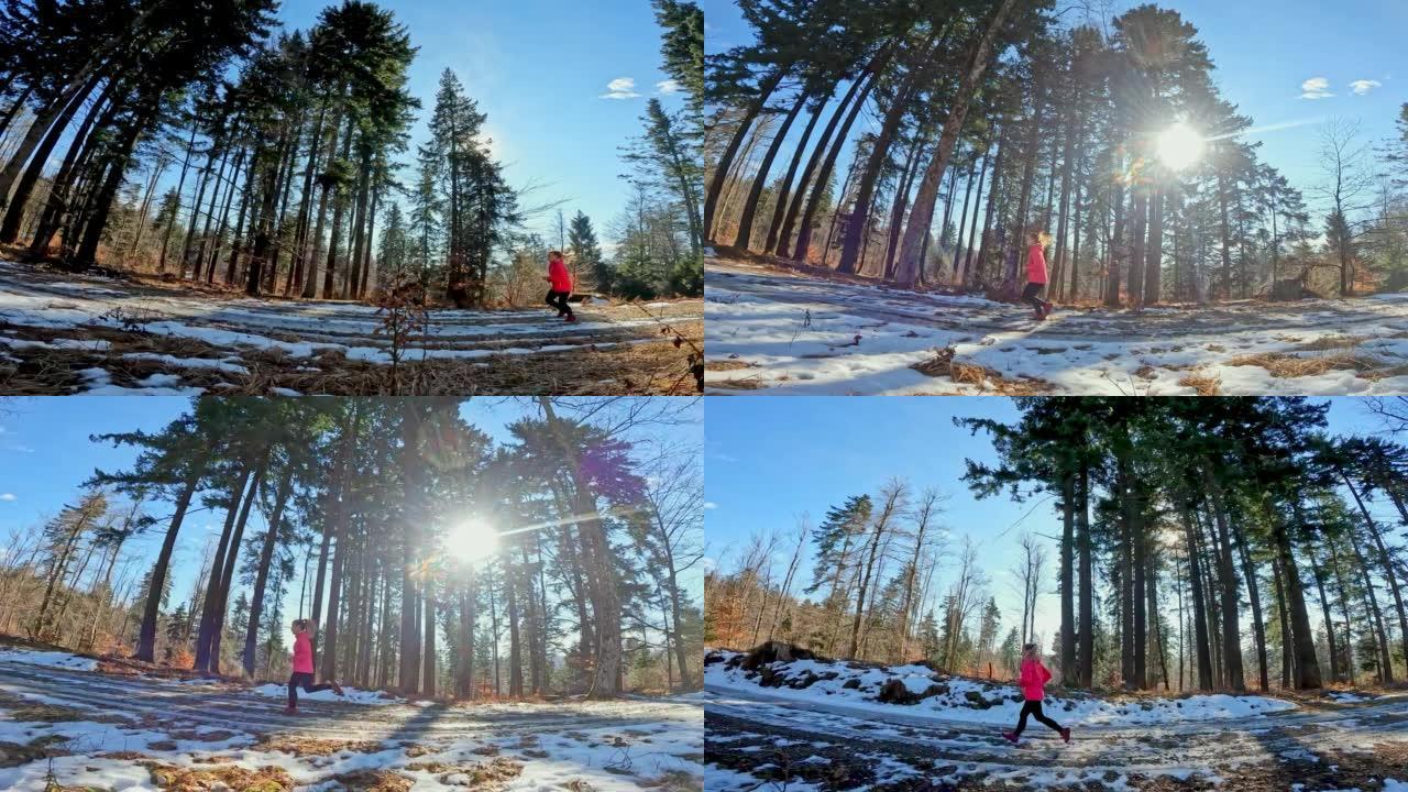 TS女人在阳光下的雪道上奔跑