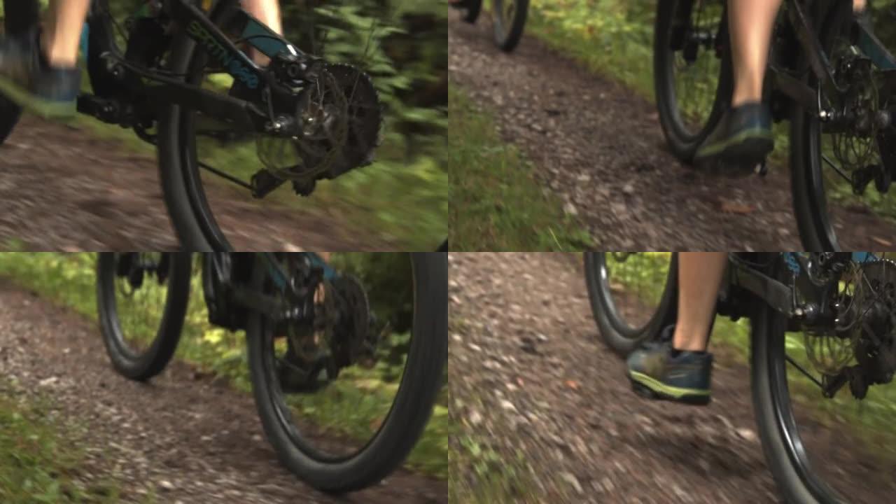 山地车司机后轮在树林中骑行的细节照片