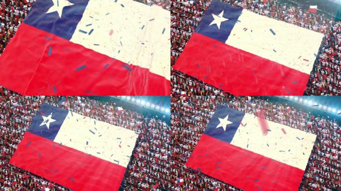 体育场看台上的智利国旗。激动的足球迷