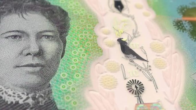 澳大利亚澳元10张钞票，十澳元，澳元的特写和宏观视图，跟踪和多莉拍摄10澳元钞票观察和储备方，澳元货
