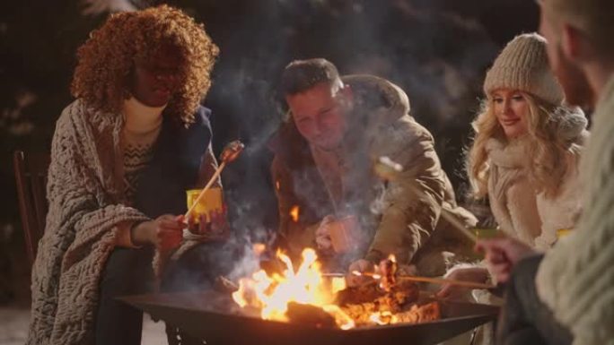 冬夜篝火中不同种族的快乐男女朋友烤棉花糖