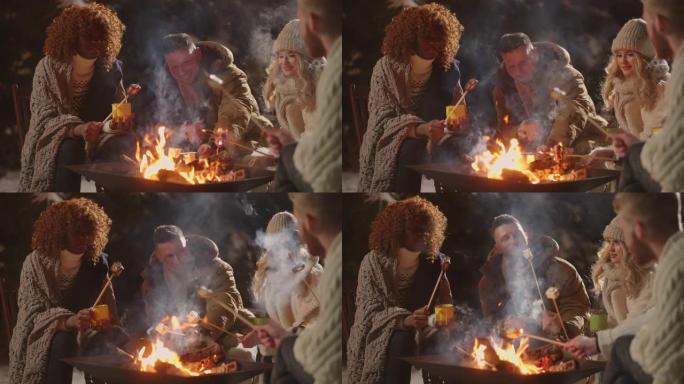 冬夜篝火中不同种族的快乐男女朋友烤棉花糖