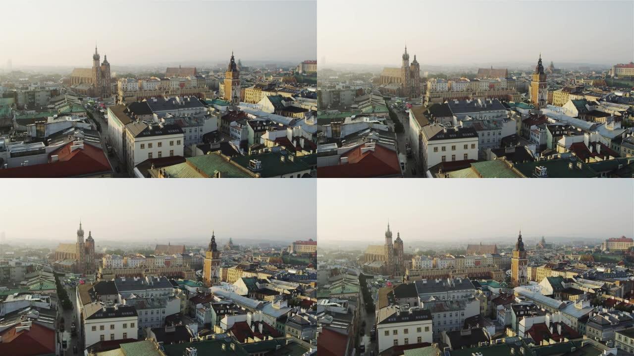 克拉科夫中心的鸟瞰图，历史建筑，教堂和维斯瓦河