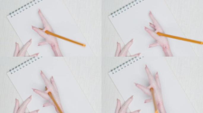 有趣的视频鸡爪用铅笔在白色纸上书写笔记本俯视图特写。鸡抓痕，字迹难以辨认