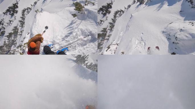 滑雪者通过粉雪下降的第一人称视角