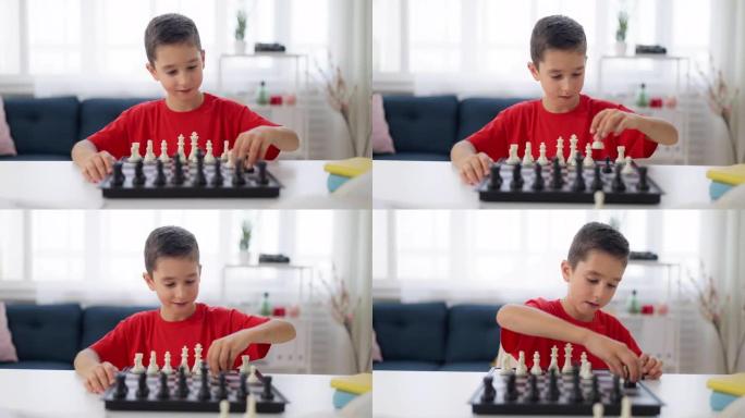 可爱的男孩开发国际象棋策略，提高记忆力，批判性思维