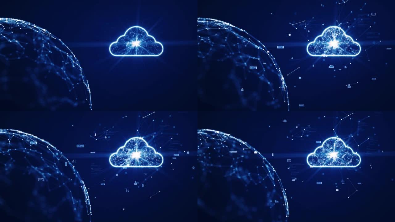 云和边缘计算技术概念。在一个大的云图标内相互连接的多边形在右边突出，左边的抽象世界在深蓝色背景上缓慢