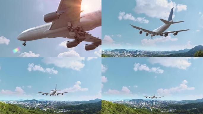 飞行和降落韩国首尔的客机。飞机概念