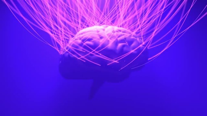 大脑有许多相连的电线。Metaverse赛博朋克概念。未来派神经元链接动画。3d渲染