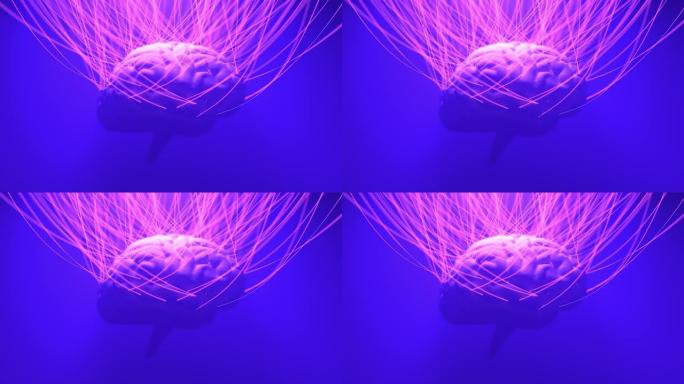 大脑有许多相连的电线。Metaverse赛博朋克概念。未来派神经元链接动画。3d渲染
