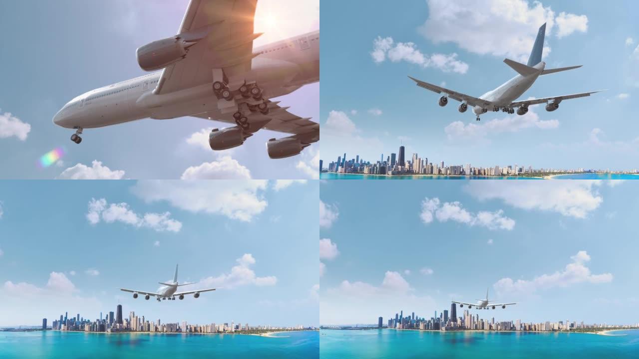 飞行和降落芝加哥伊利诺伊州的客机。飞机概念