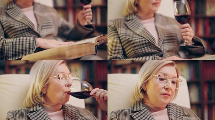 50多岁的女人翻书，在家庭图书馆阅读和享用葡萄酒