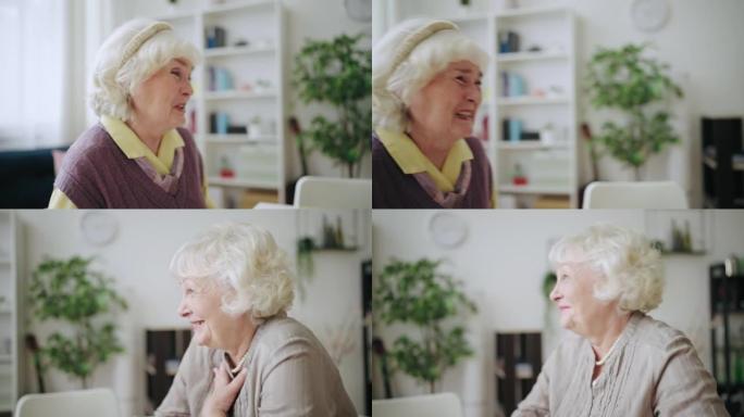 快乐的老年妇女聊天，一起玩耍的特写镜头