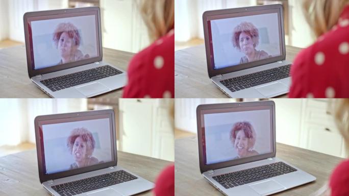 年轻漂亮的女人在笔记本电脑屏幕上的可视电话里说话