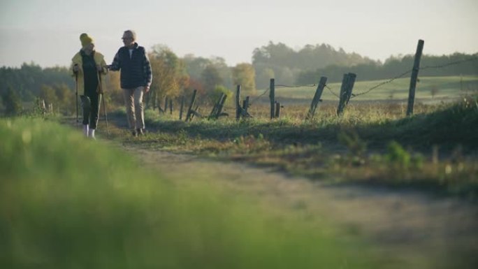 散步的特写老年夫妇。北欧步行