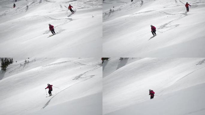 Freerider滑雪者在越野滑雪中滑雪和跳跃，从山顶下坡，极端冬季运动，慢动作