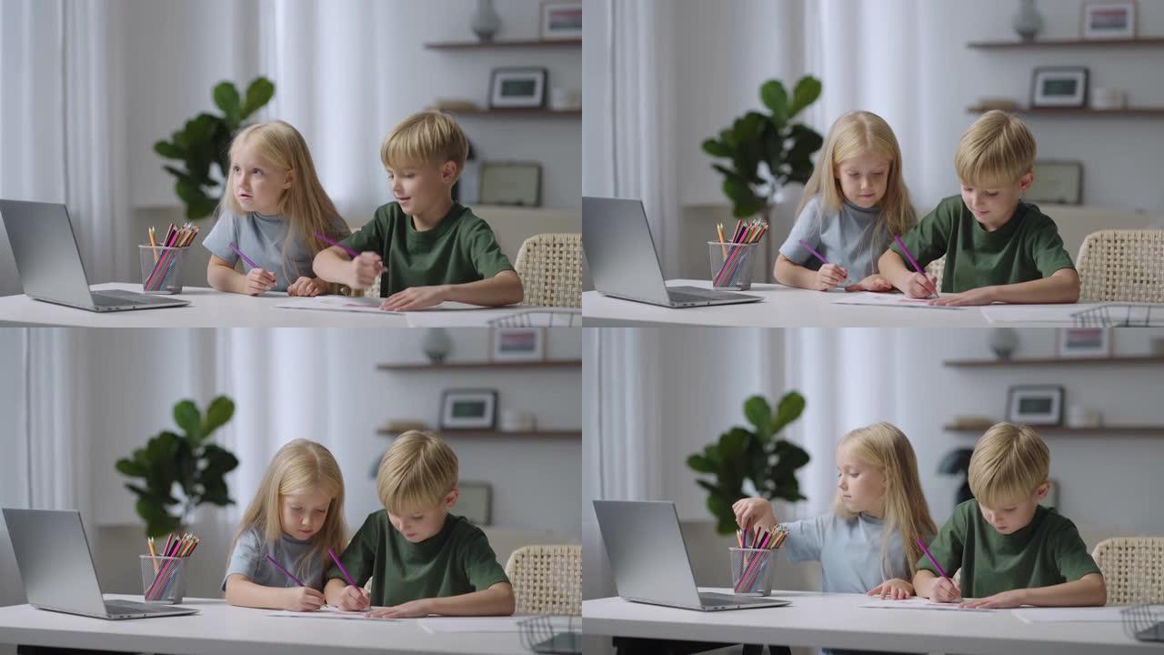 学龄前男孩和女孩的孩子和他的妹妹一起在家做家庭作业学习教育。相当时尚的女学生在霍姆的在线课程中学习家