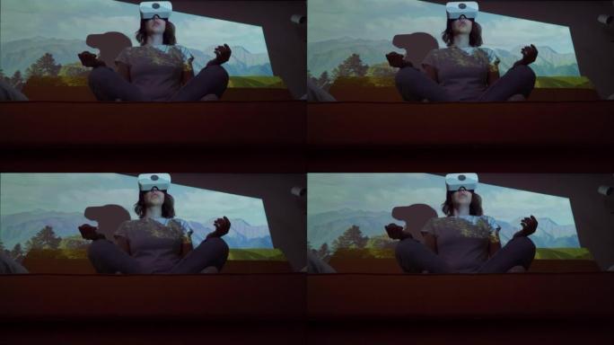 女人使用虚拟现实眼镜去另一个光点，在山上冥想。