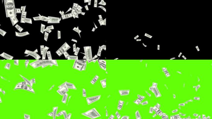 下跌美元纸币无缝循环动画背景。包括绿色屏幕。