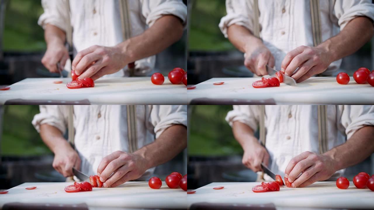 男人切西红柿的慢动作镜头