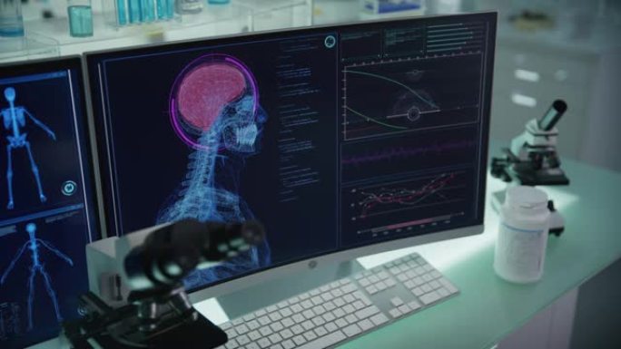 拥有计算机和显微镜的现代化实验室。带有动画人体模型的屏幕。扫描虚拟病人是否受伤。大脑与红色市场